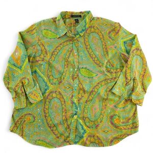 Lauren Ralph Lauren Women 2X Button Down Shirt Green Paisley Cotton Boho Coastal